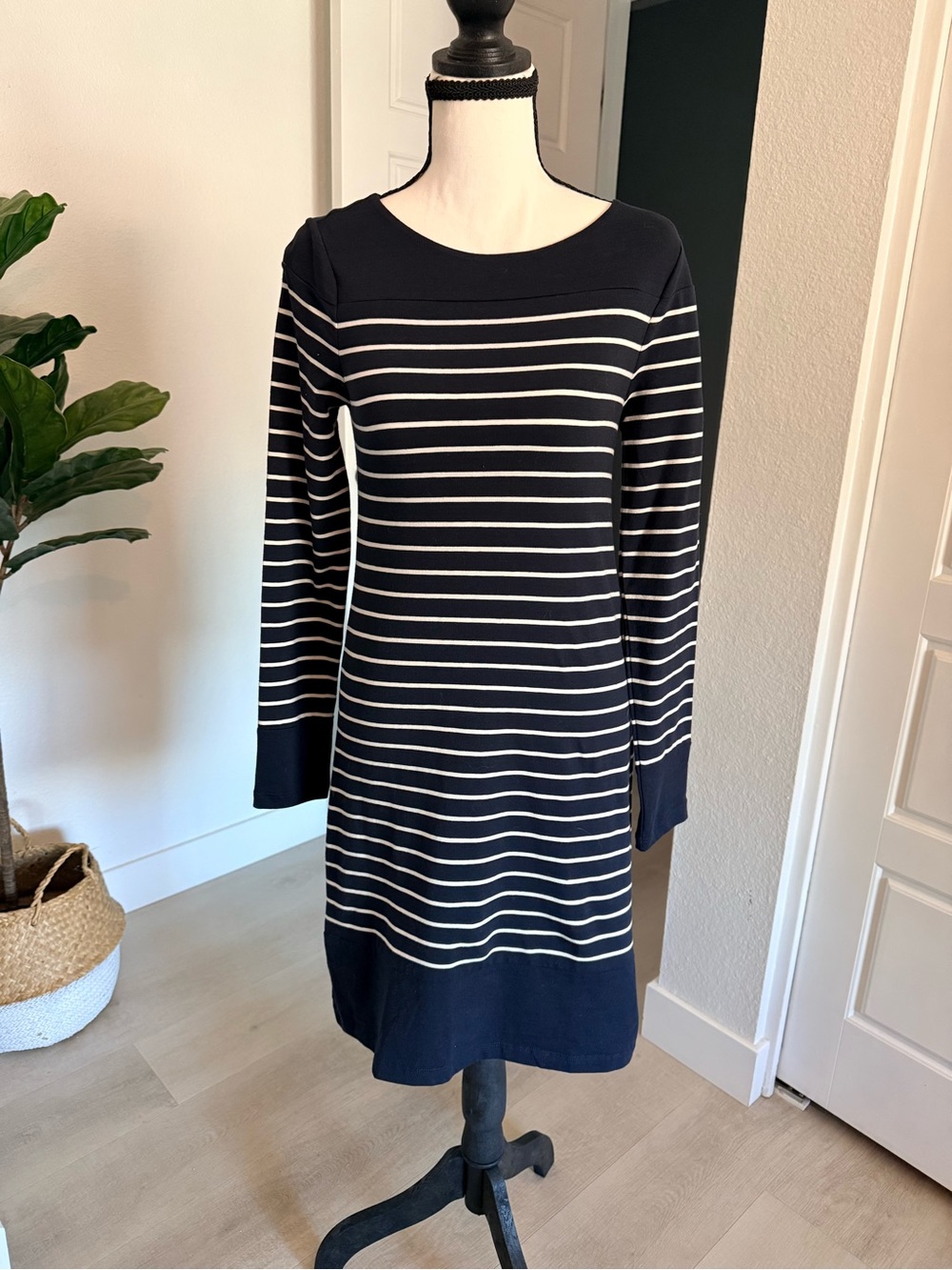 French Connection Navy and White Striped Long Sleeve Dress